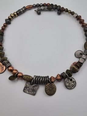 Vintage Mixed Metal Charm Collar Necklace 17" Boho Inspiration Sun Dice Passion